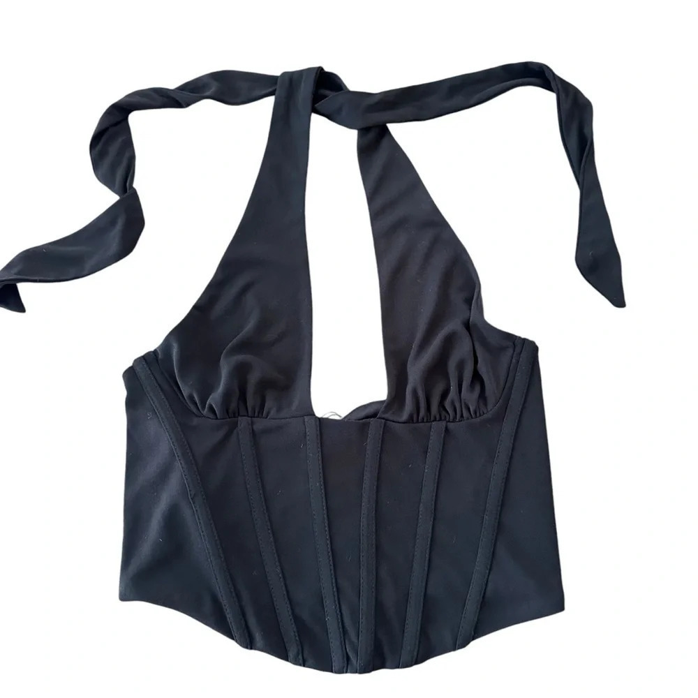 NWT Zara size Medium Black Halter Corset Tie Neck Top Plunge Neckline Goth Edgy